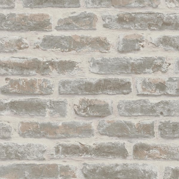 Unbranded Exposed Brick Matte White and Taupe Vinyl on Non-woven Non-pasted Wallpaper Roll
