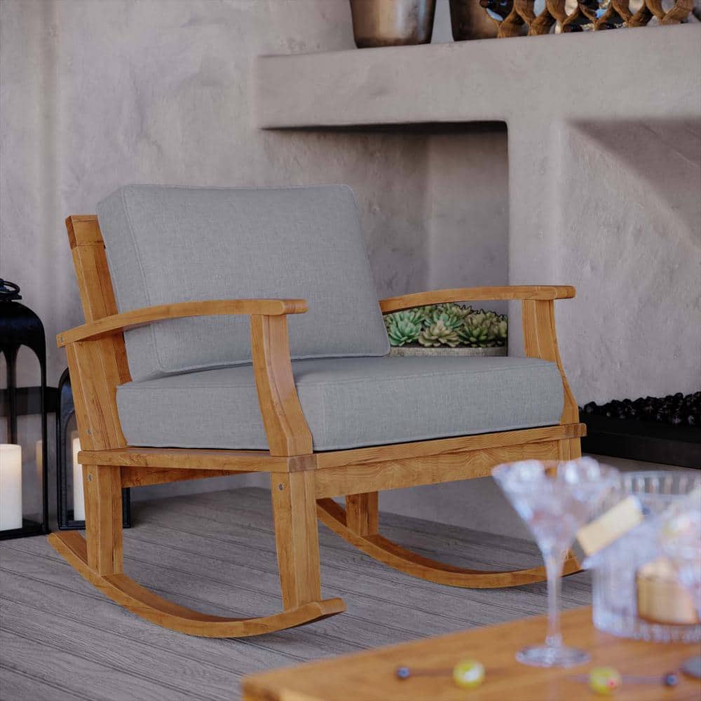 Natural Gray Teak Wood Outdoor Rocking Chair with Cushions