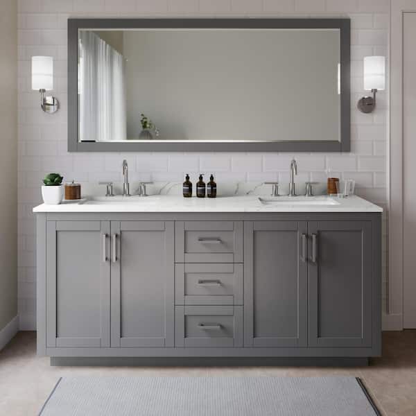 Wyndham Collection Miranda 72 in. W x 22 in. D x 33.75 in. H Double Bath Vanity in Dark Gray with Giotto Quartz Top and 70 in. Mirror