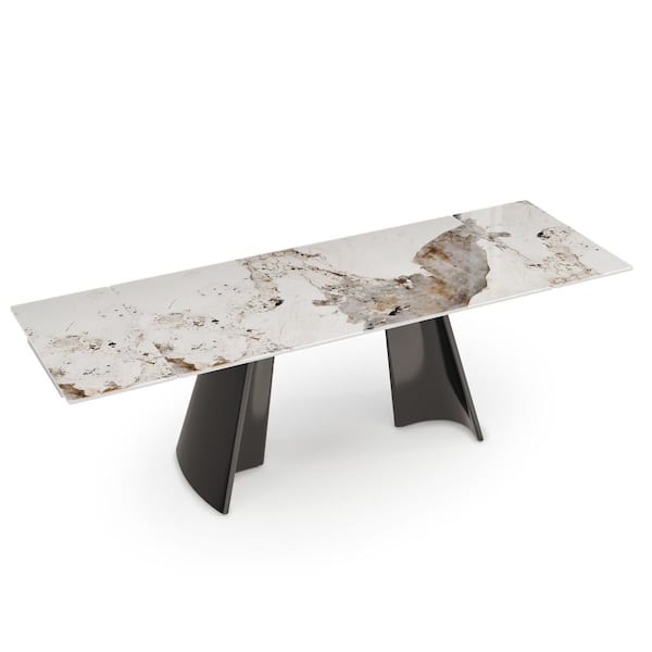 Pandora Marble Top 94.4 in. Pedestal Extendable Dining Table Seats 10+ with Electroplated Stainless Steel Trumpet Base