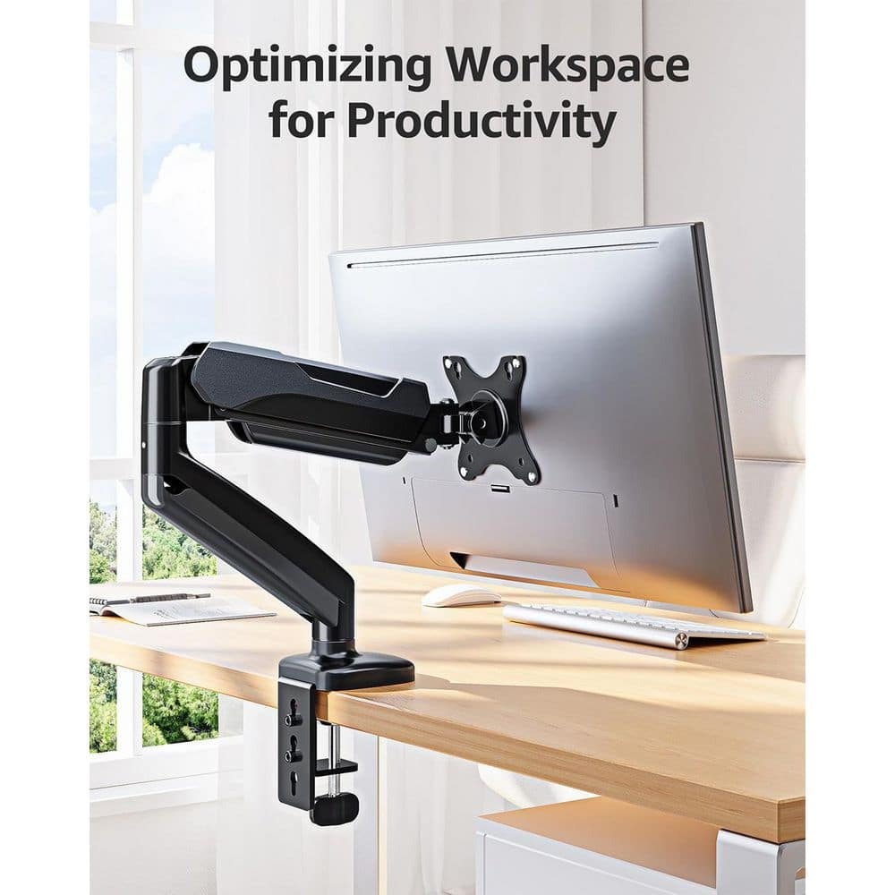 Adjustable Gas Spring Single Monitor Desk Mount Arm Supports Up to 32 in. Screen VESA Stand Black - Thumbnail 2