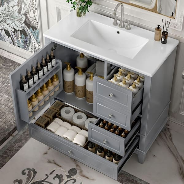 36 in. Single Sink Solid Wood Frame Freestanding Gray Bath Vanity with White Ceramic Top, Unassembled, Soft Close