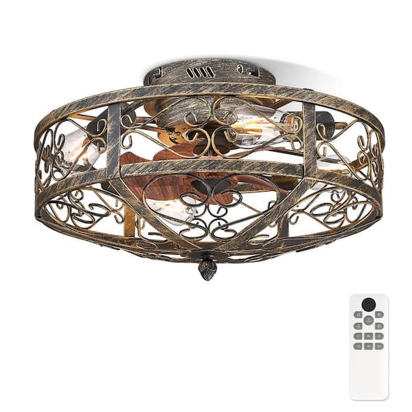 20 in. Indoor Black and Gold 100-240 V Low Profile Vintage Cage Ceiling Fan with Light