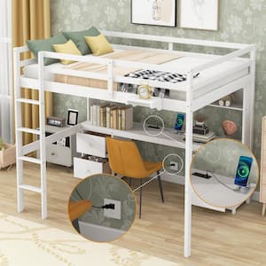 White Full Size Multifunctional Wood Loft Bed with Bedside Tray, 4-Cabinets, Charging Station, Desk and 4-Drawers