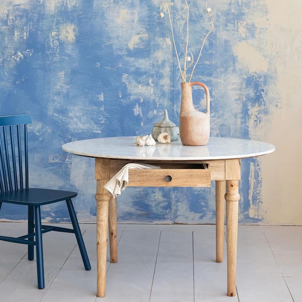 White and Natural Marble Top 48 in. 4 Legs Dining Table with Drawer Seats 4