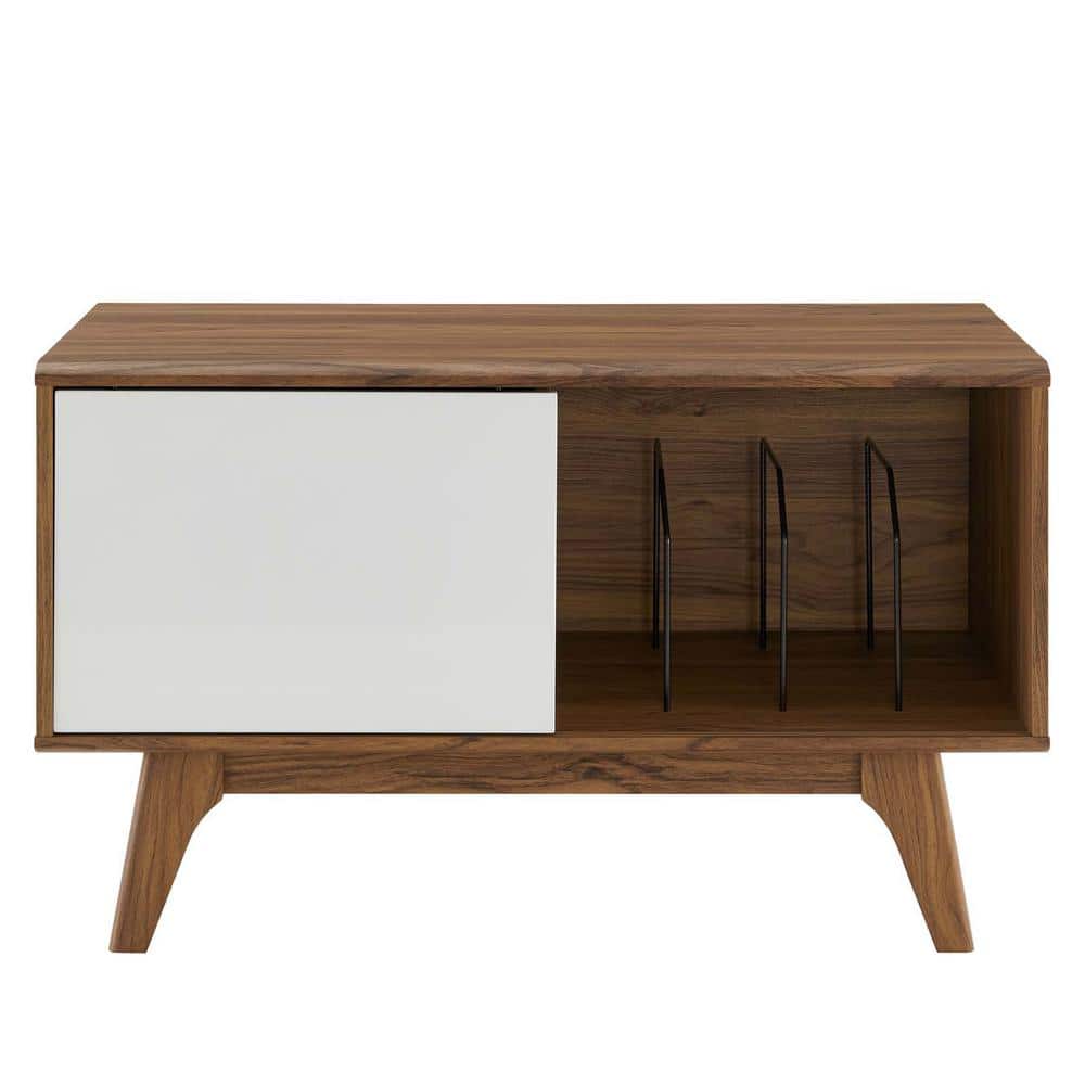 Envision Walnut & White Vinyl Record Display Stand with Sliding Door