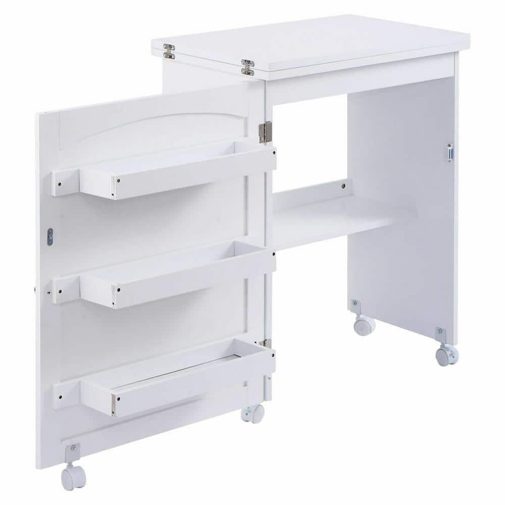 Utility Sewing Table Foldable Craft Cart Shelves Storage Cabinet W/Wheels  White