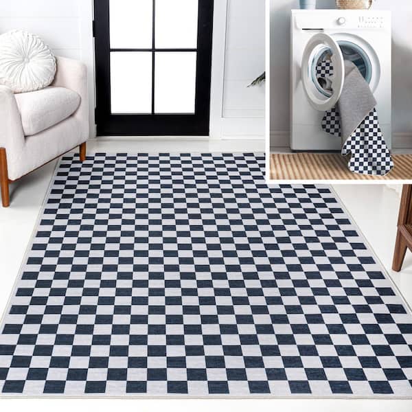 Ainsley Modern Cottage Checkerboard Washable Dark Blue/White 9 ft. x 12 ft. Area Rug