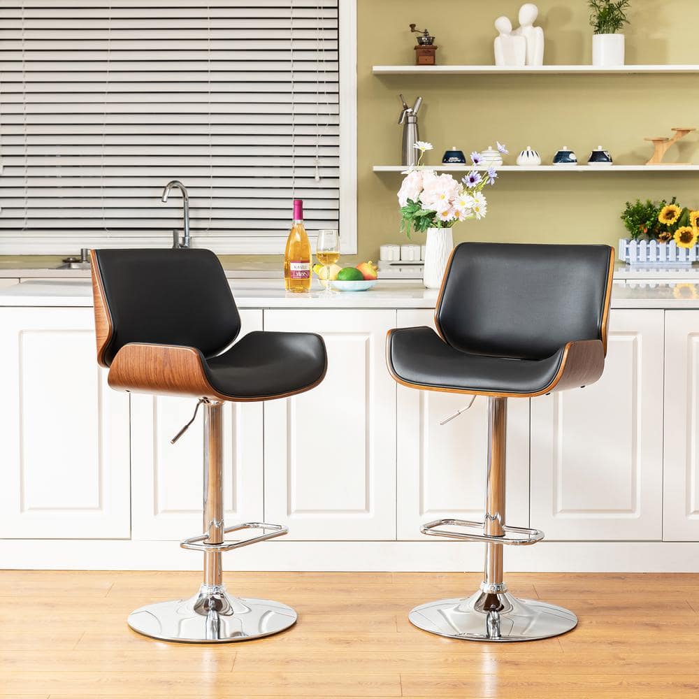 Modern Bentwood Adjustable Swivel Bar Stool Set in Black and Walnut