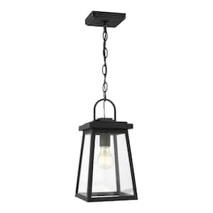 Founders 1-Light Black Transitional Exterior Outdoor Pendant Light Lantern with Clear and White Glass Panels Included