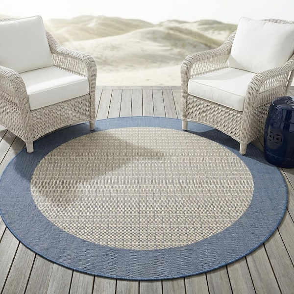 Recife Checkered Field 8 ft. Round Ivory-Blue Solid Indoor/Outdoor Area Rug
