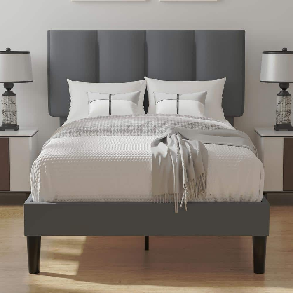 VECELO Upholstered Bedframe, Gray Metal Frame Twin Platform Bed With ...