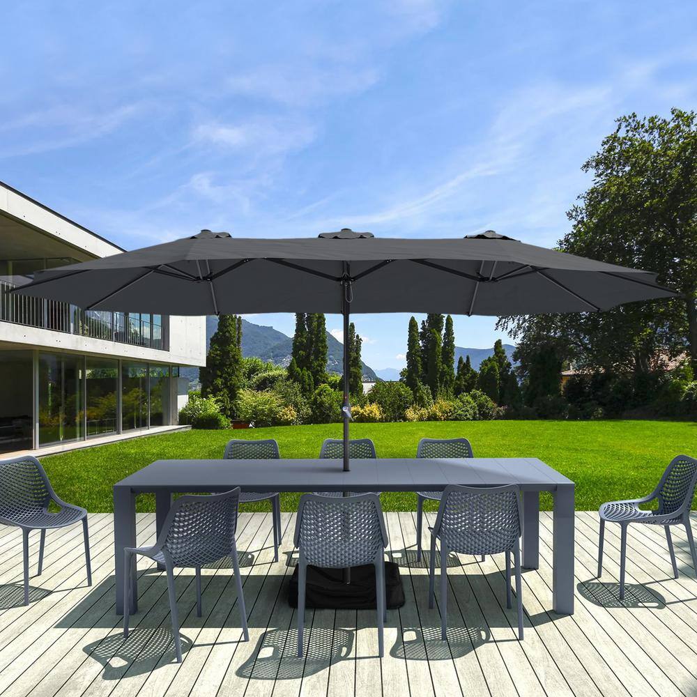 15 Ft Dark Gray Steel Market Patio Umbrella with Base