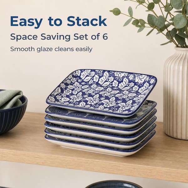 Wudkey 8 in. Ceramic Rectangular Salad Plates Set of 6, Vintage