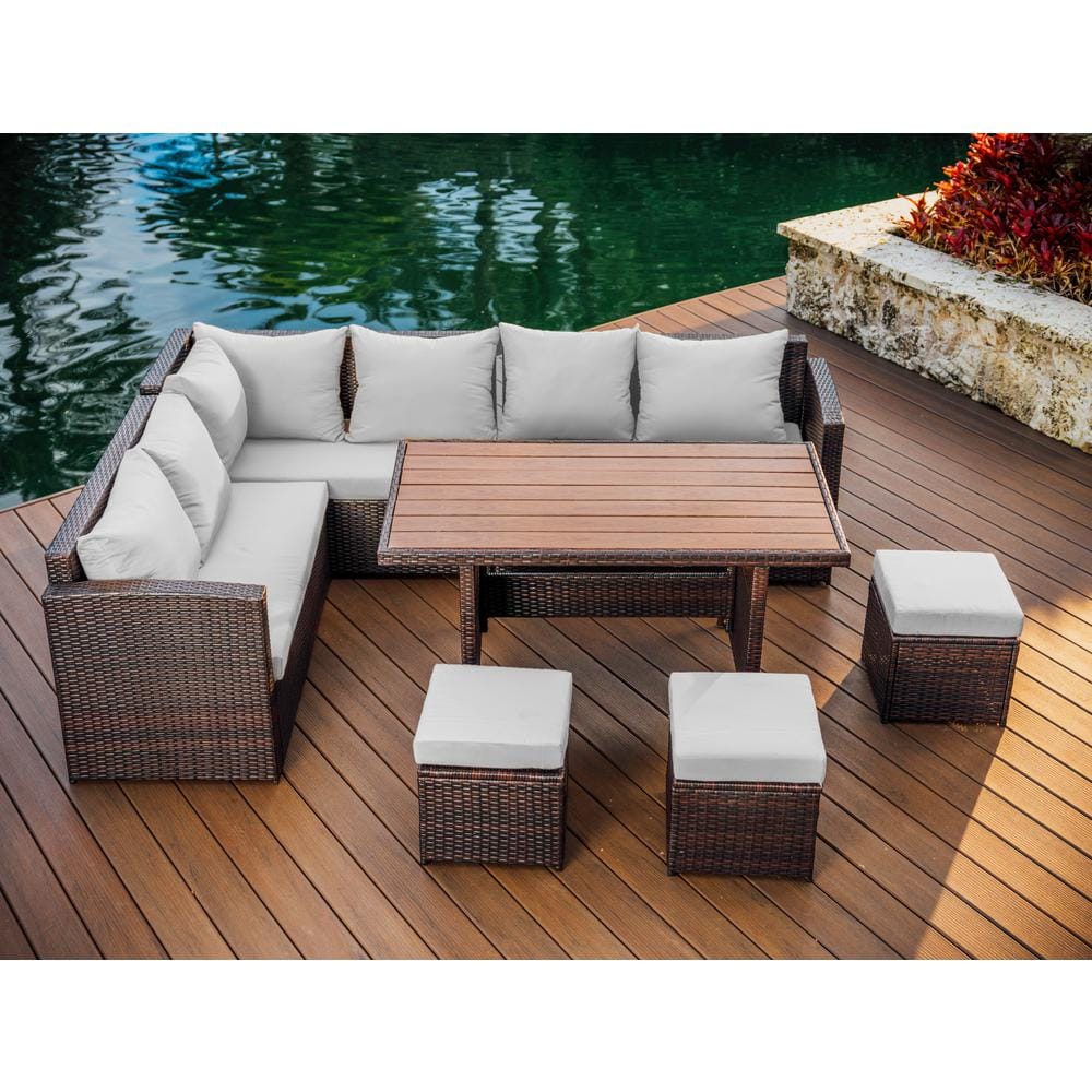 Brown Wicker 7-Piece Outdoor Dining Set with Off-White Cushions