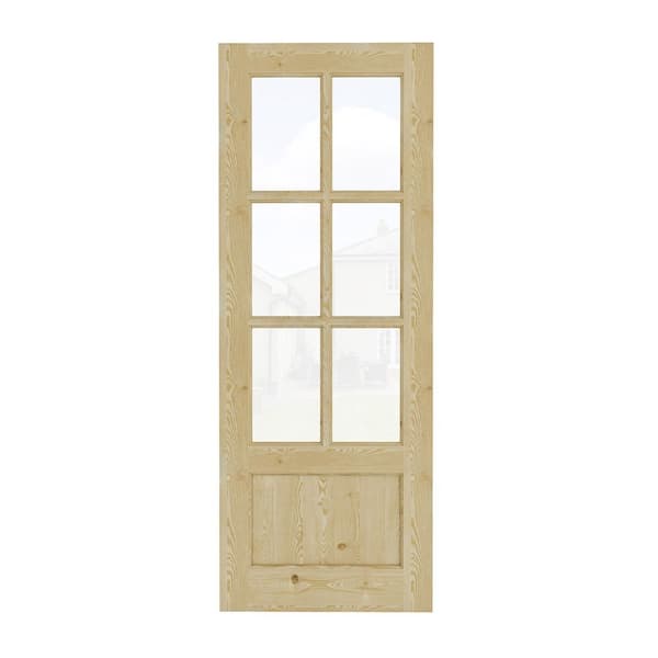 30 in. x 80 in. Modern Universal/Reversible 6-Lite Tempered Clear Glass Unfinished Pine Wood Front Door Slab
