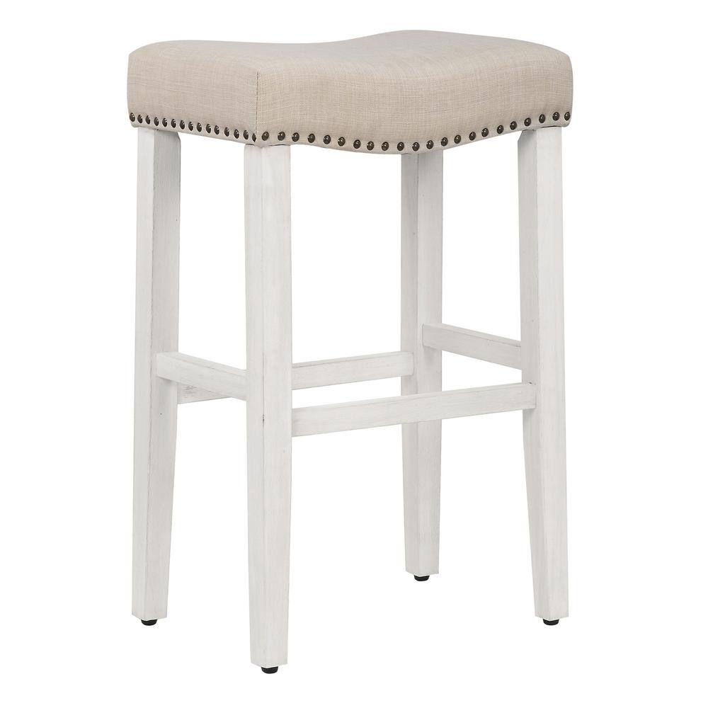 Beige Upholstered Backless Saddle Bar Stool with Nail Head Trim