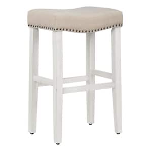 Jameson 29 in. Bar Height Antique White Wood Backless Nailhead Trim Barstool with Upholstered Beige Linen Saddle Seat