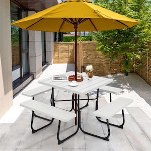 67 in. White Square Metal Picnic Table Set 8-Person with 4 Benches and Umbrella Hole