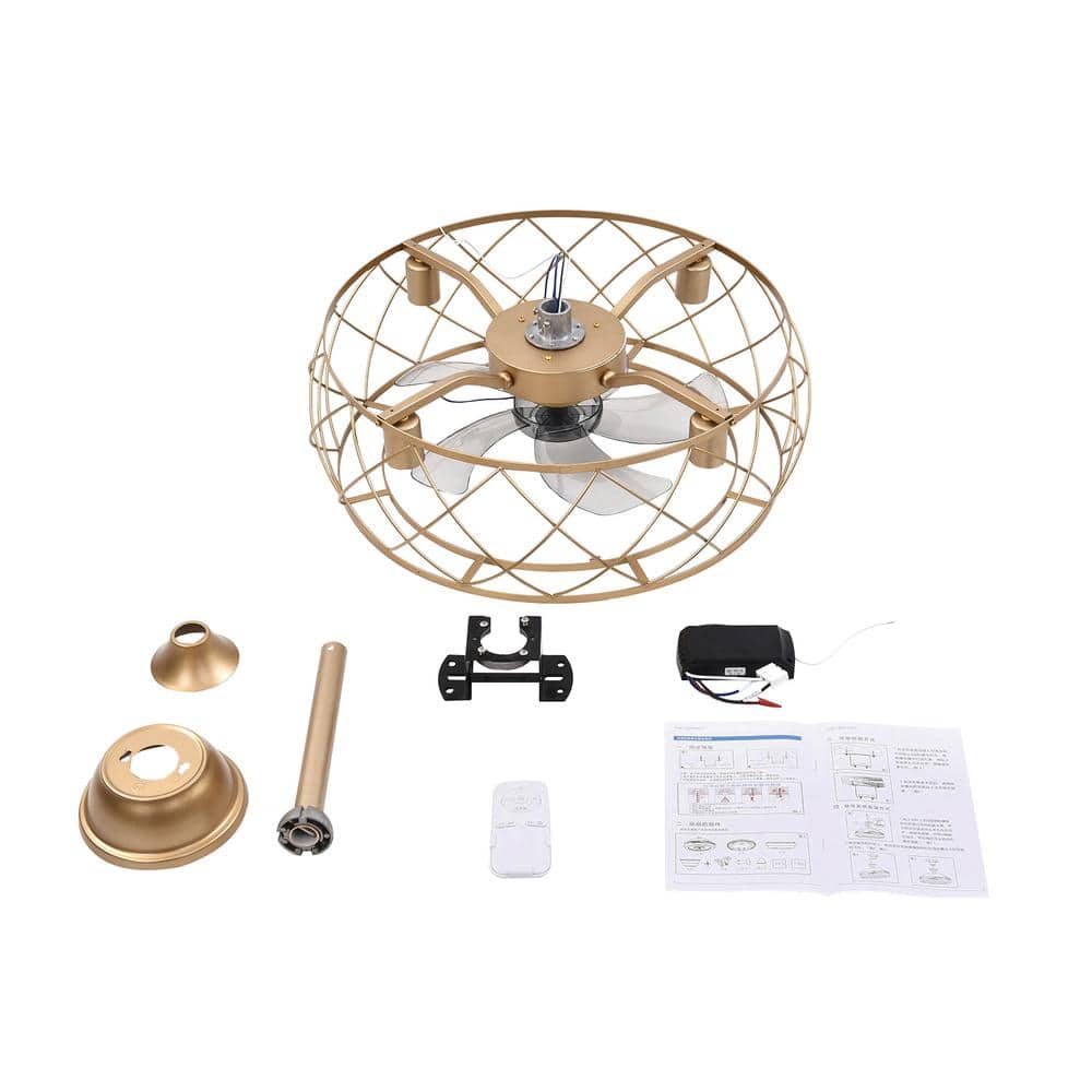 20" Gold Aluminum Caged Ceiling Fan with LED Light and Remote
