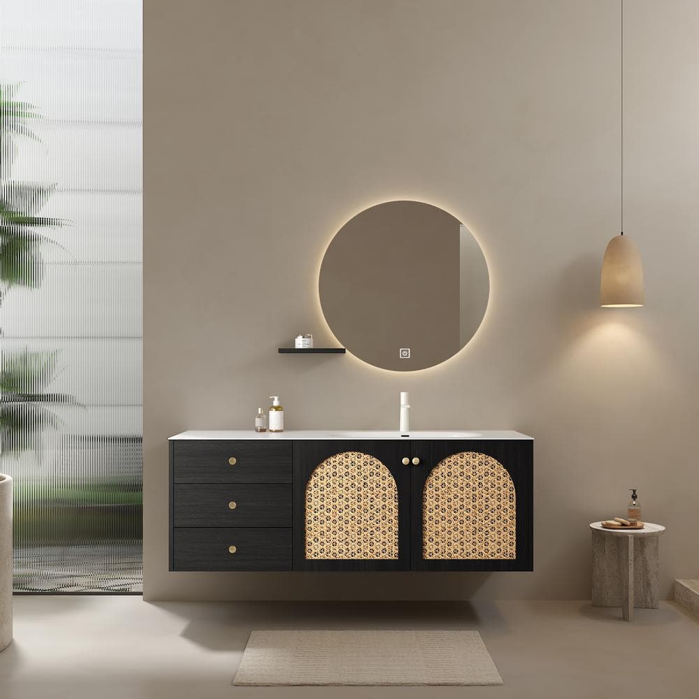 60 in. W Wall Bath Vanity in Dark Oak with White Aluminium Alloy Top, Pre-a