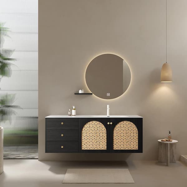 null 60 in. W Wall Bath Vanity in Dark Oak with White Aluminium Alloy Top, Pre-assembled, 3-Soft Closing Drawers and 2-Doors