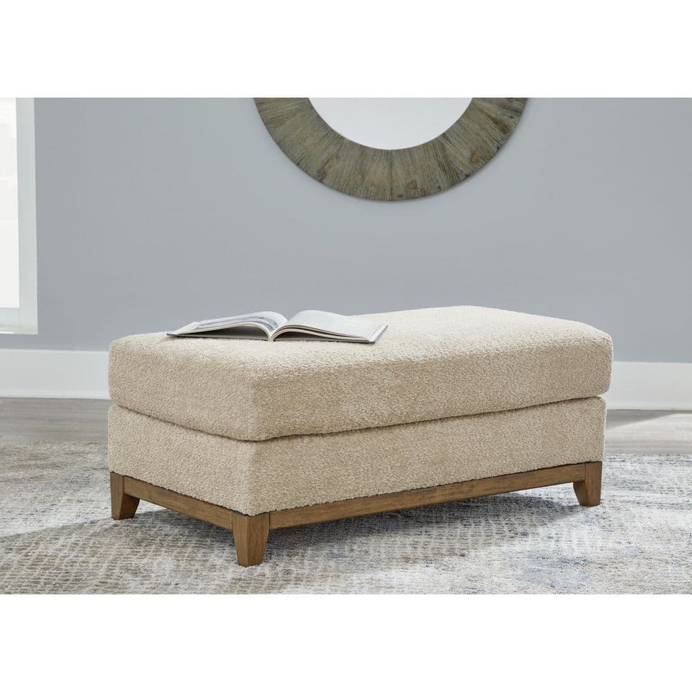 Beige Polyester Traditional Ottoman with Faux Wood Trim