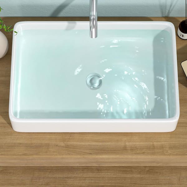 24 in. Vessel Rectangular Bathroom Sink in White Ceramic