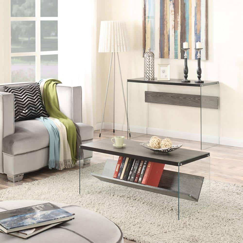 Weathered Gray and Glass Modern Coffee Table with Shelf