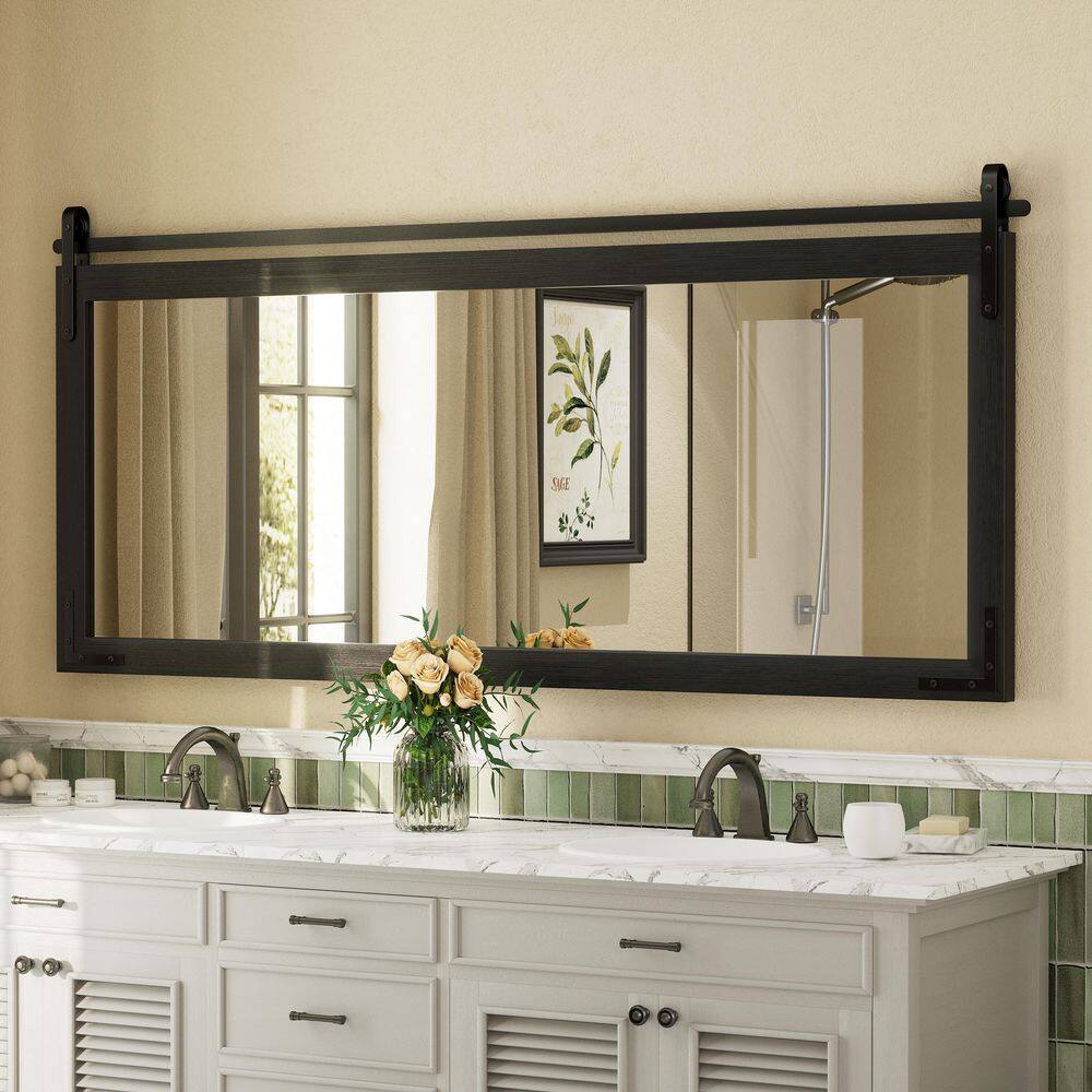 72 in. W x 32 in. H Rectangular Rustic Farmhouse Solid Wood Framed & Tempered Glass Wall Bathroom Vanity Mirror in Black price history on PriceWatchPro