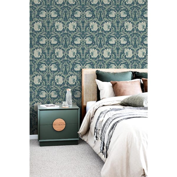 40.5 sq. ft. Teal & Sandstone Pimpernel Floral Vinyl Peel and Stick Wallpaper Roll