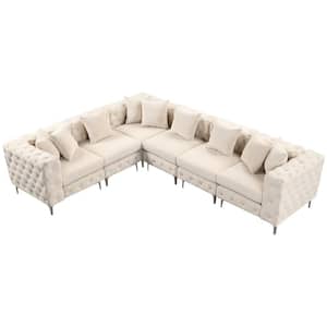 Comfy Modular Couch 122" Velvet 5 Seat U Shape Sectional Sofa for Living Room with Tufted Button in. Beige