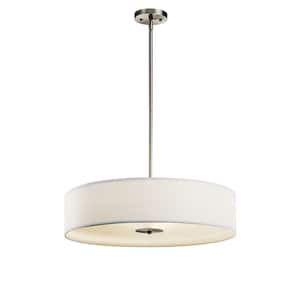 24 in. 3-Light Brushed Nickel Transitional Fabric Shaded Kitchen Convertible Pendant Hanging Light to Semi-Flush