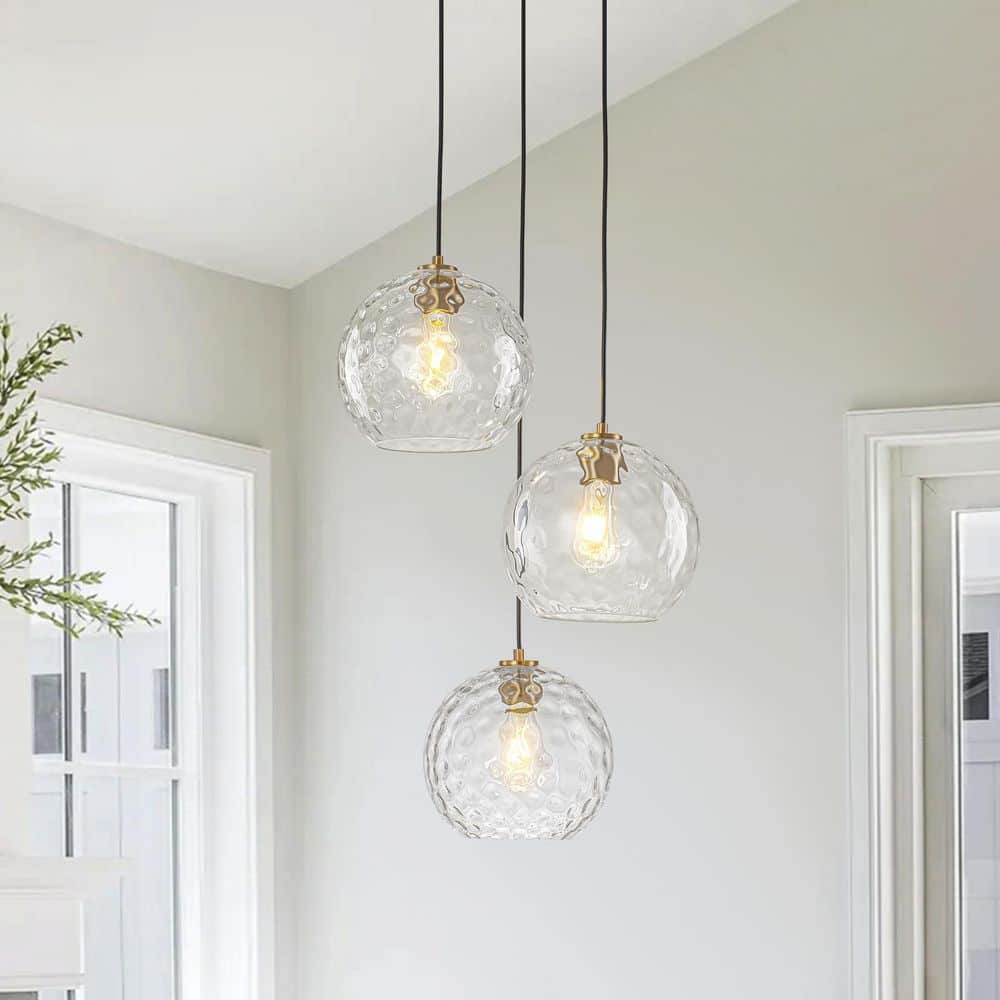 Velmora Modern 3-Light Plated Brass Cluster Chandelier with Hammered Glass Globes, Stairwell Foyer Entry Pendant Light price history on PriceWatchPro