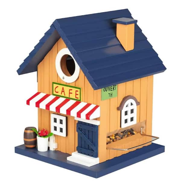 Justincity 2-in-1 Blue Finish Cedar Wood Cafe Bluebird Birdhouse and Bird Feeder with Stainless Perch with Removable Protector