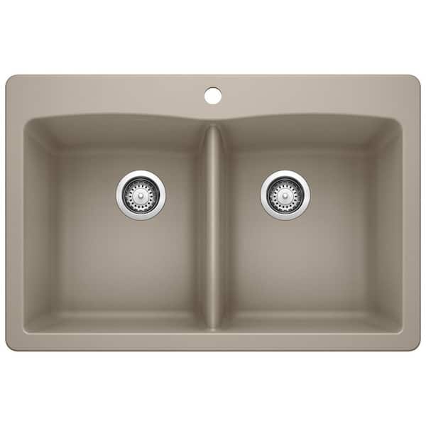 Blanco DIAMOND Dual-Mount Granite Composite 33 in. 1-Hole 50/50 Double Bowl Kitchen Sink in Truffle