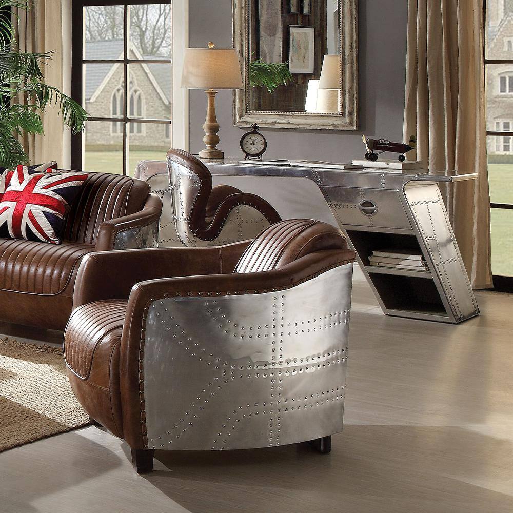 Retro Brown Top Grain Leather and Aluminum Accent Chair