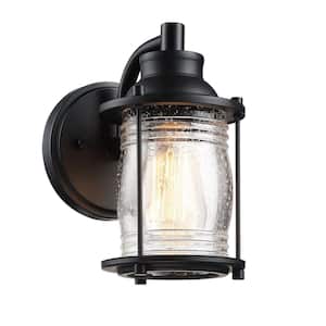 1-Light Black Outdoor Wall Lantern Sconce with Seeded Glass Shade