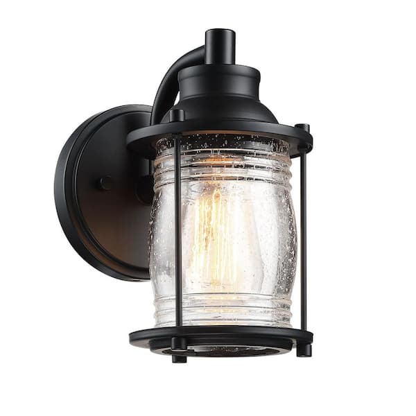 Hukoro 1-Light Black Outdoor Wall Lantern Sconce with Seeded Glass Shade