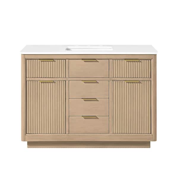 Xander 48 in. Freestanding Sahara Birch Bath Vanity with White Engineered Stone Top and Brushed Nickel Hardware