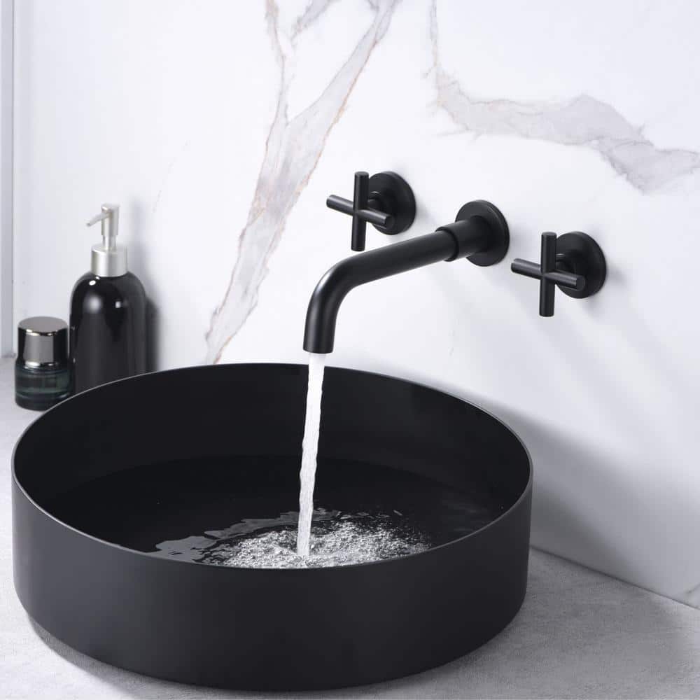 Brushed Gold Wall Mount Bathroom Faucet with Cross Handles