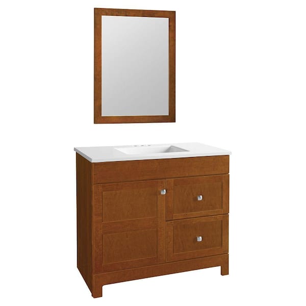 Glacier Bay Artisan 36.5 in. W Bath Vanity in Chestnut with Cultured Marble Vanity Top in White with White Sink and Mirror