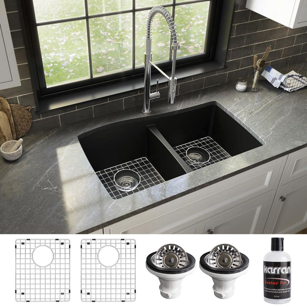 Karran QU-720 Quartz/Granite 34 in. Double Bowl 50/50 Undermount Kitchen  Sink in Black with Bottom Grid and Strainer QU-720-BL-PK1 - The Home Depot