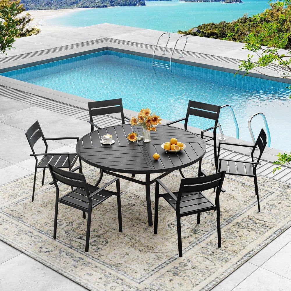 7-Piece Metal Outdoor Patio Dining Set with 50 in. Black Round Slatted Table and 6 Black Stackable Dining Chairs
