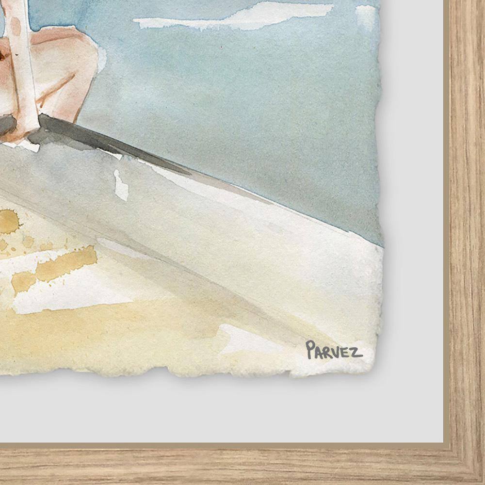 Blue and Beige Framed Canvas Print of Woman by Pool