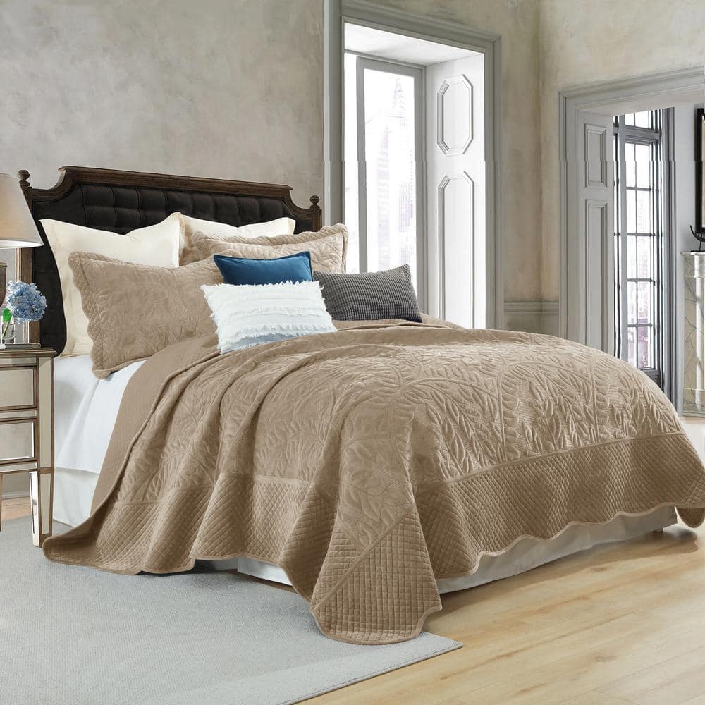 Camel King Size Velvet Quilt Set with Embroidered Leaf Design