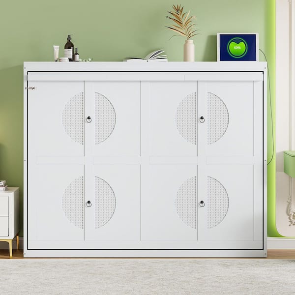 White Wood/Metal Frame Queen Size Murphy Bed