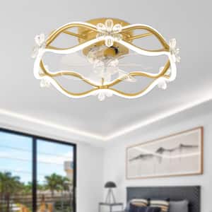 20 in. Smart Indoor French Gold Low Profile Daisy Crystal Flush Mount Ceiling Fan w/Ligths 3 Color Fan Lights w/Remote