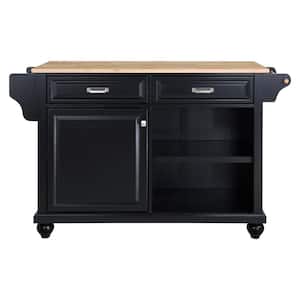 Black Wood 57.5  in.. Kitchen Island with Storage Shelves, Rubber Wood Top, Adjustable Storage Shelves, 4-Wheels
