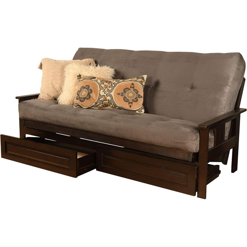 79 in. Espresso/Suede Gray Polyester Upholstered Full Size Futon Set with Mattress and Storage Drawers